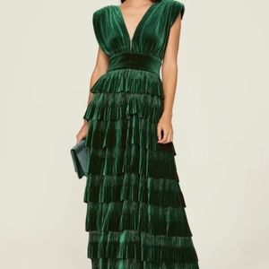 Bronx and Banco Emerald Green Velvet ruffle tiered gown maxi dress size Small